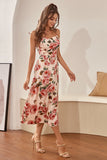 Spaghetti flatter tiras flor impresso vestido de convidado de casamento