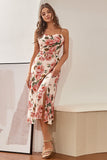 Spaghetti flatter tiras flor impresso vestido de convidado de casamento