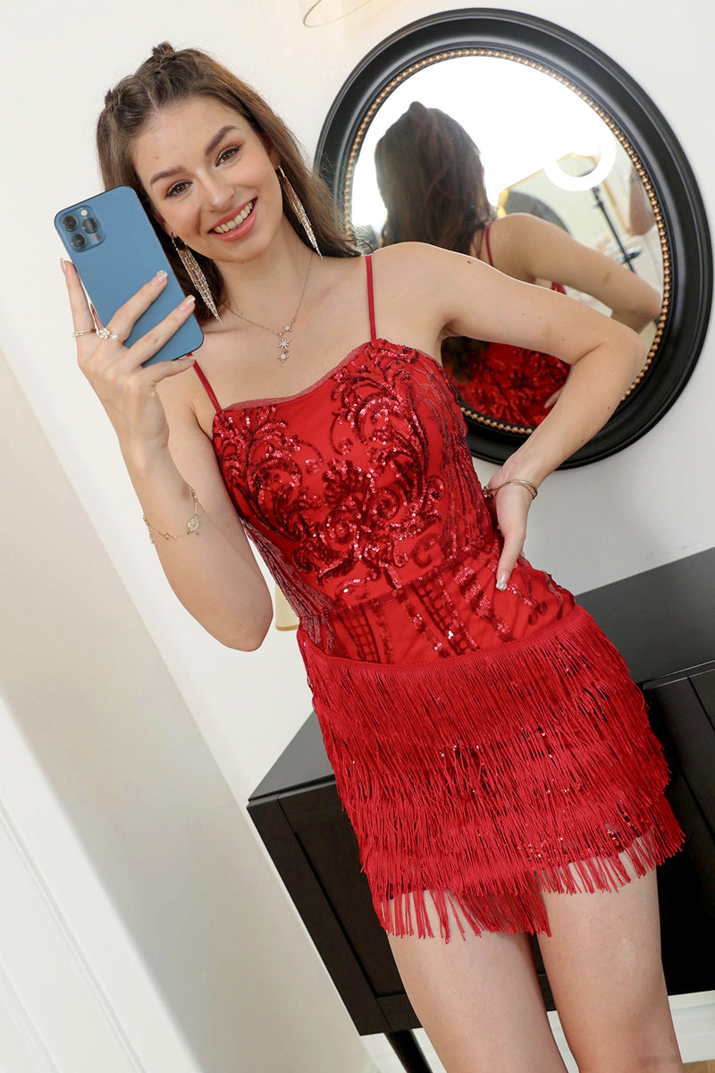 Carregar imagem no visualizador da galeria, Vestido de festa de lantejoulas vermelhas equipado com franjas