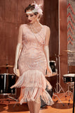 Blush Lantejoulas 1920 Flapper Gatsby Dress com Franjas