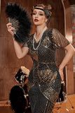 Vestido preto e dourado de lantejoulas longas dos anos 1920 Gatsby dress com lantejoulas