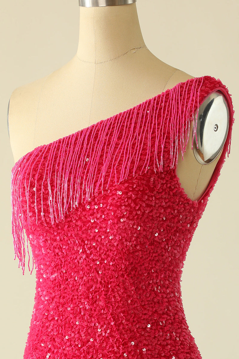 Carregar imagem no visualizador da galeria, Vestido de regresso a casa de lantejoulas rosa quente de um ombro