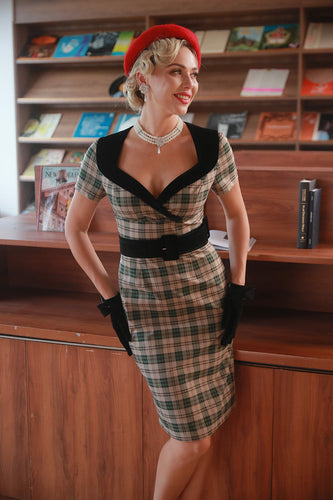 Khaki Xadrez 1960s Vestido vintage com cinto
