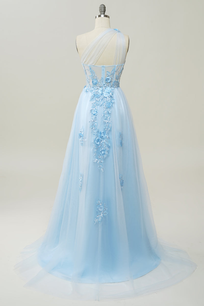 Carregar imagem no visualizador da galeria, Vestido de baile com apliques azul céu um ombro