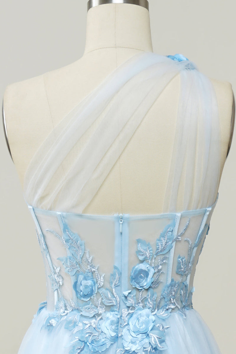 Carregar imagem no visualizador da galeria, Vestido de baile com apliques azul céu um ombro