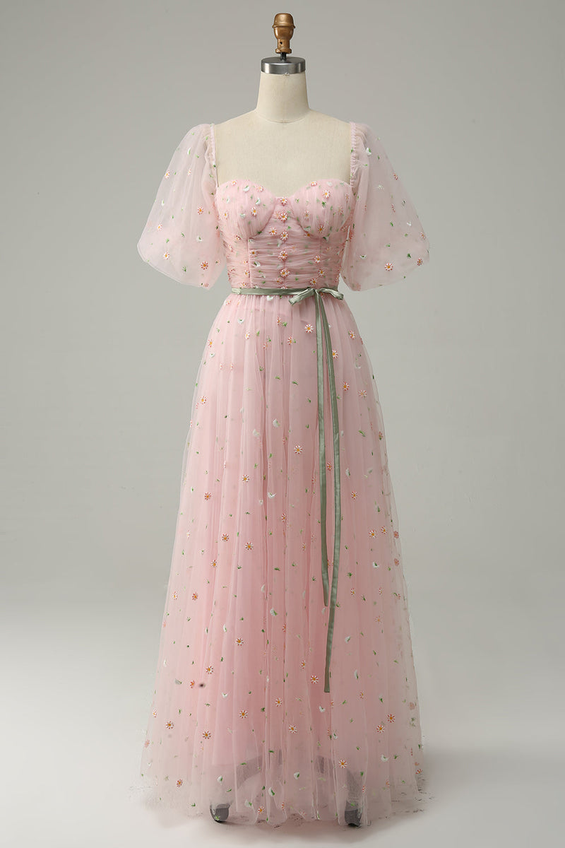 Carregar imagem no visualizador da galeria, A Line Rosa Vestido de Festa com Bordados