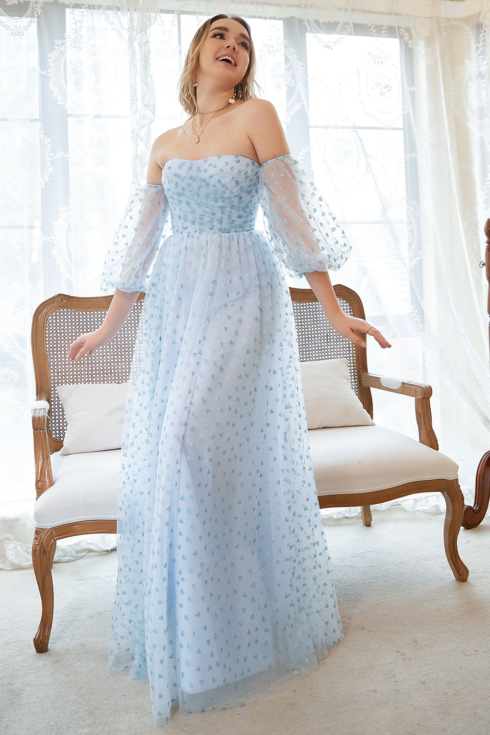 Vestido de Festa Azul Sem Alças Meias Mangas