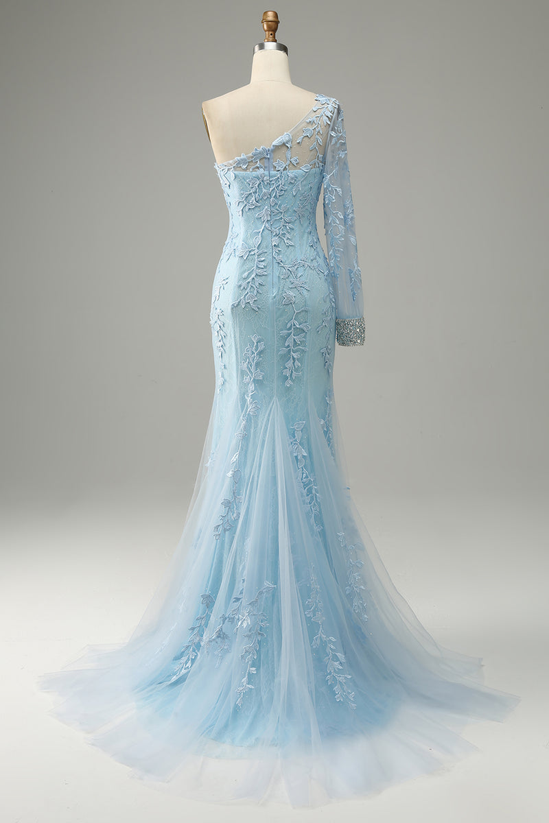 Carregar imagem no visualizador da galeria, Azul Céu Um Ombro Sereia Vestido de Baile