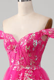 Fora do ombro Fuchsia vestido de baile com sequins