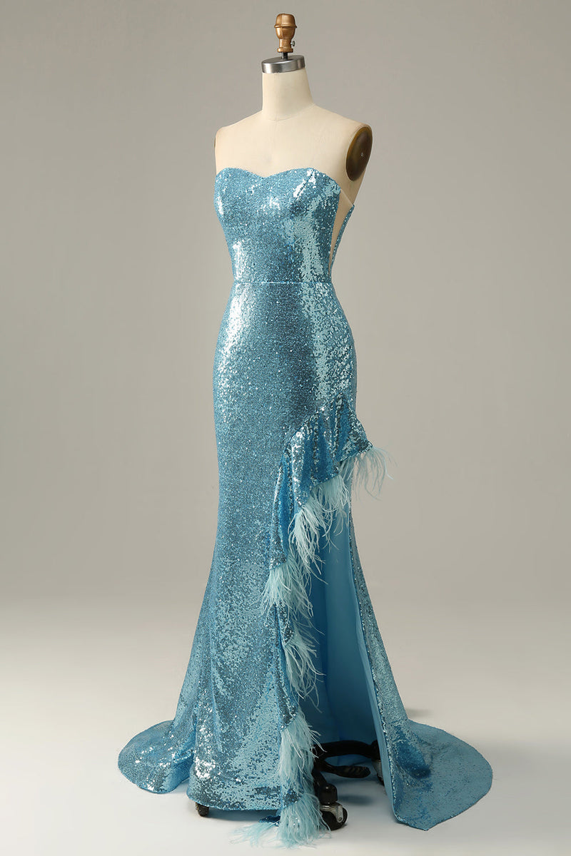 Carregar imagem no visualizador da galeria, Azul Céu Vestido de Baile Sereia Com Penas