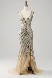 Vestido De Baile Longo Dourado Sereia Decote em V Lantejoulas