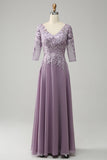 Púrpura Chiffon Vestido Mãe de Noiva com Renda