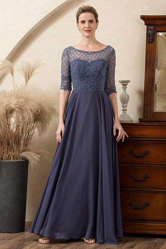Cinza Azul Vestido Mãe de Noiva Com Contas