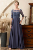 Cinza Azul Vestido Mãe de Noiva Com Contas