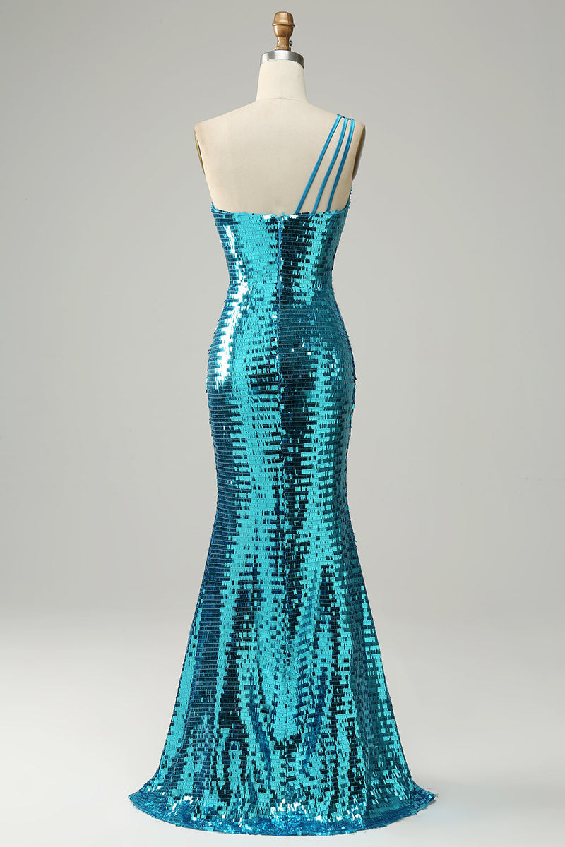 Carregar imagem no visualizador da galeria, Lantejoulas azuis um ombro vestido de baile