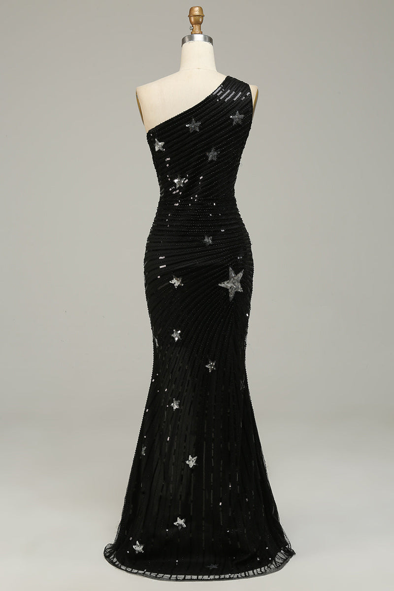 Carregar imagem no visualizador da galeria, Lantejoulas Sereia Um Ombro Preto Vestido de Noite com Estrela