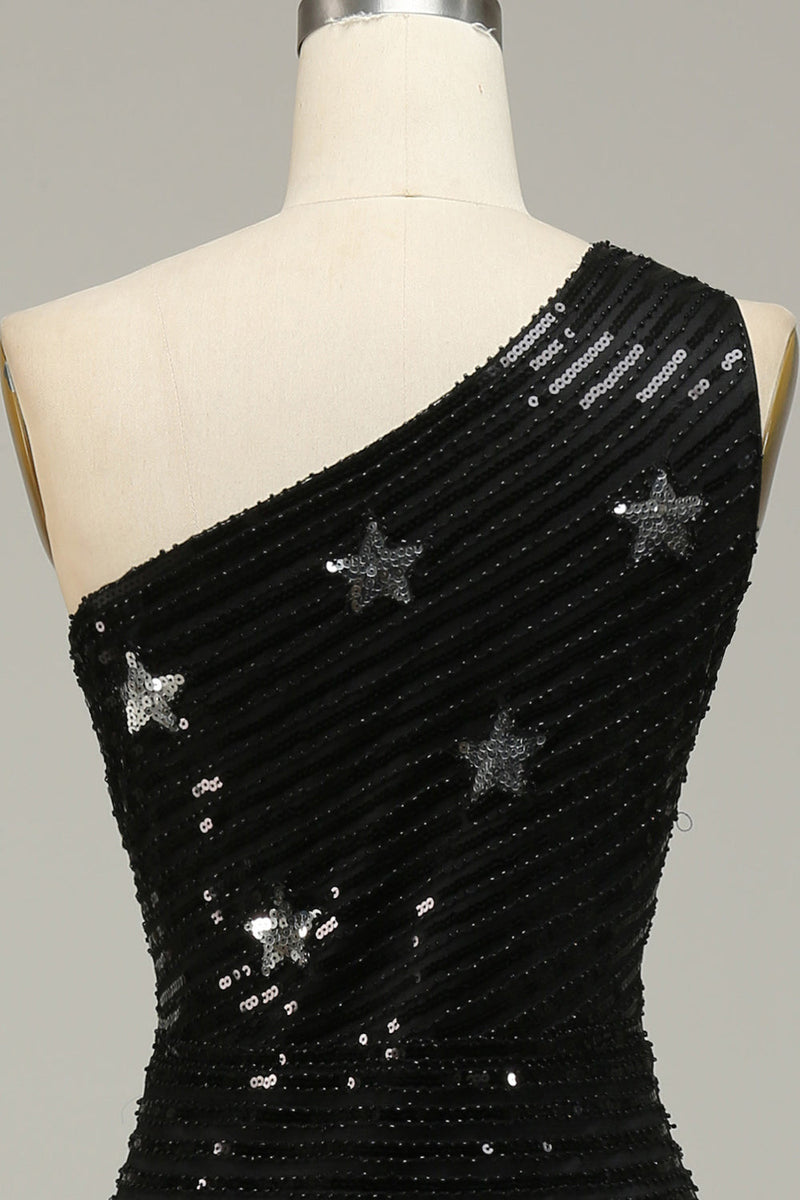 Carregar imagem no visualizador da galeria, Lantejoulas Sereia Um Ombro Preto Vestido de Noite com Estrela