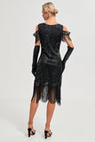 Preto Cold Shoulder Sequins Fringes 1920s Gatsby Vestido