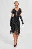 Preto Cold Shoulder Sequins Fringes 1920s Gatsby Vestido