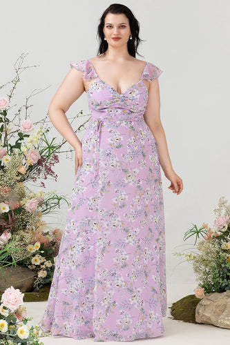Roxo Floral Estampado Vestido de Dama de Honor