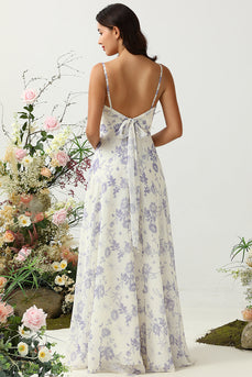 A Line Cintas de Espaguete Roxo Flor Estampado Vestido de Dama de Honor