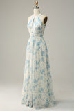 Vestido de dama de honra azul floral Boho Long Chiffon