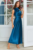 Tinta Azul Pescoço Redondo Vestido de Convidado