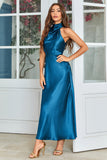 Tinta Azul Pescoço Redondo Vestido de Convidado