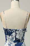 Tinta Azul Floral Tea-Length Vestido Madrinha