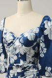 Tinta Azul Floral Tea-Length Vestido Madrinha com mangas