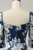 Tinta Azul Floral Tea-Length Vestido Madrinha com mangas
