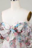 Marfim Floral Impresso A-Line Puff Mangas Curto Tule Homecoming Dress