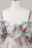 Marfim Floral Impresso A-Line Puff Mangas Curto Tule Homecoming Dress