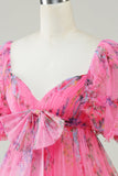 Hot Pink estampado vestido bonito Homecoming com arco