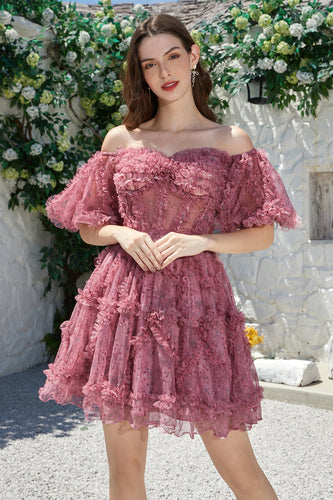Beautiful A Line Off the Shoulder Dusty Rose Tulle Vestido Curto Homecoming com mangas curtas