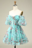 Lindo A Line Off the Shoulder Green Tulle Short Homecoming Dress com mangas curtas