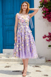 Roxo A Line Tea Length Prom Dress com flores 3D