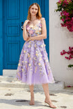 Roxo A Line Tea Length Prom Dress com flores 3D