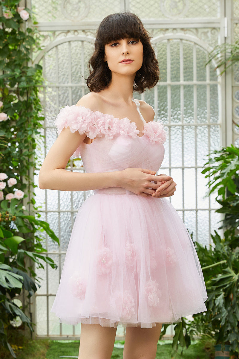 Carregar imagem no visualizador da galeria, Rosa Fora do Ombro Vestido de Cóctel Com Flores