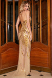 Deslumbrante Sereia Esparguete Correias Golden Long Prom Dress com Frente Dividida