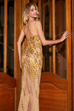 Deslumbrante Sereia Esparguete Correias Golden Long Prom Dress com Frente Dividida
