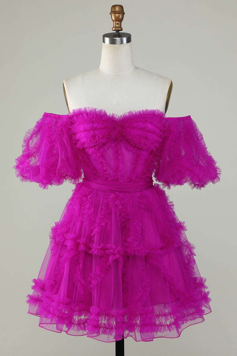 Carregar imagem no visualizador da galeria, Bonito uma linha fora do ombro rosa tule Homecoming Dress