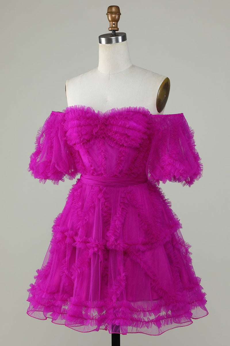 Carregar imagem no visualizador da galeria, Elegante uma linha fora do ombro Fuchsia Tulle Corset Homecoming Dress