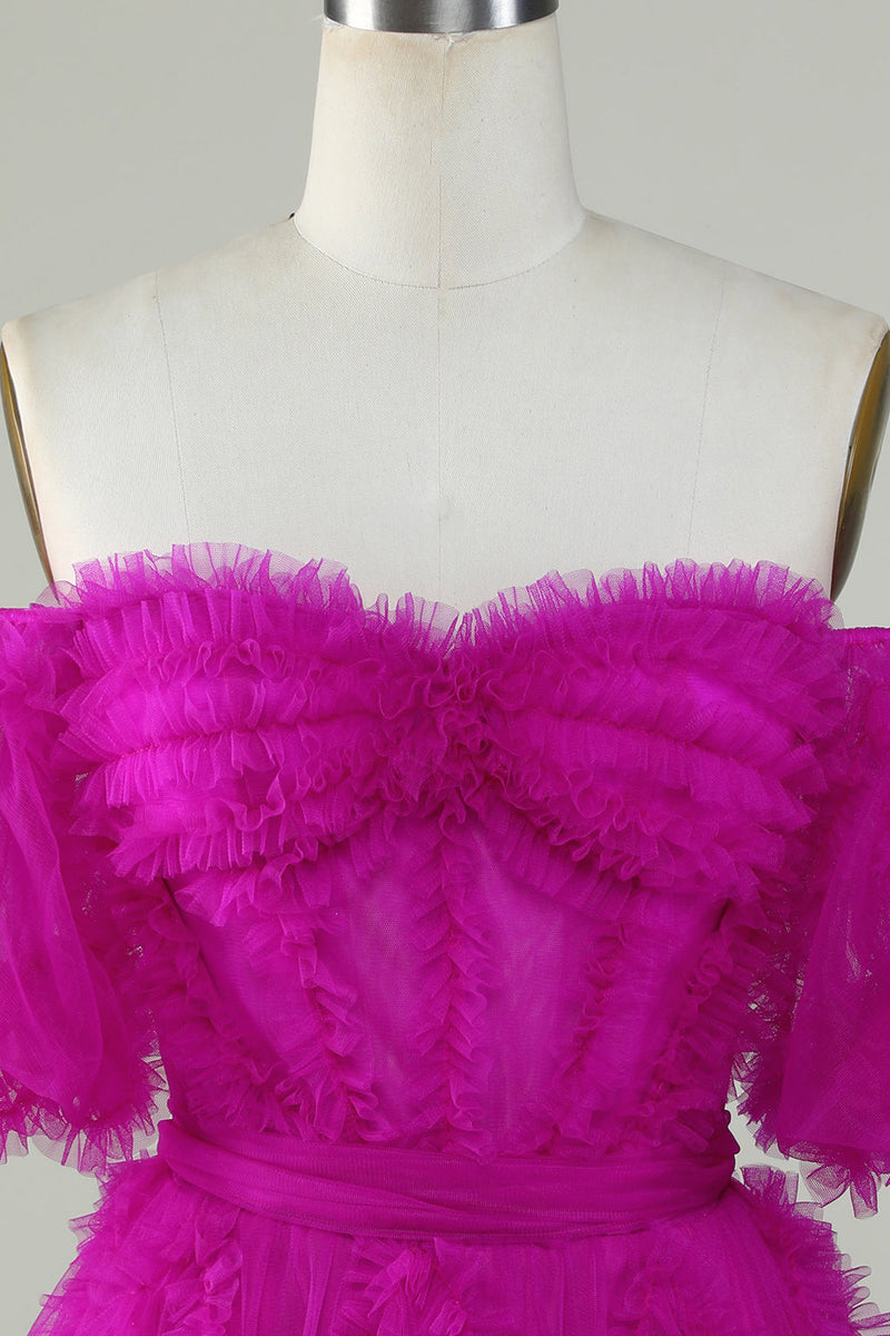 Carregar imagem no visualizador da galeria, Elegante uma linha fora do ombro Fuchsia Tulle Corset Homecoming Dress
