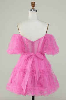 Bonito uma linha fora do ombro rosa tule Homecoming Dress