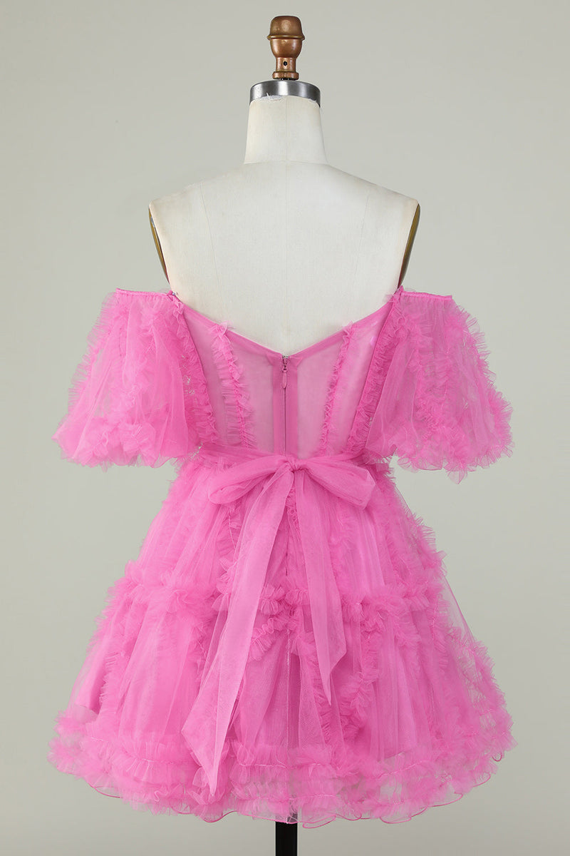 Carregar imagem no visualizador da galeria, Bonito uma linha fora do ombro rosa tule Homecoming Dress
