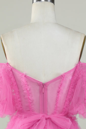 Bonito uma linha fora do ombro rosa tule Homecoming Dress