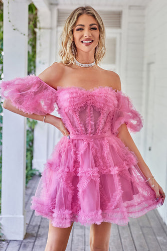 Hot Pink fora do ombro tule Homecoming vestido
