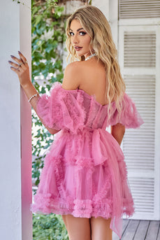 Hot Pink fora do ombro tule Homecoming vestido