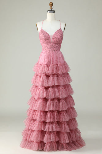 A Line Cintas de Espaguete Rosa Tule Vestido de Baile Estampado Floral